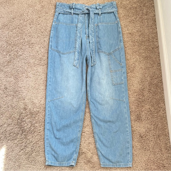 Free People Belted Denim High-Waisted Utility Paperbag Pants in Blue Haze Sz 29 - Picture 2 of 16